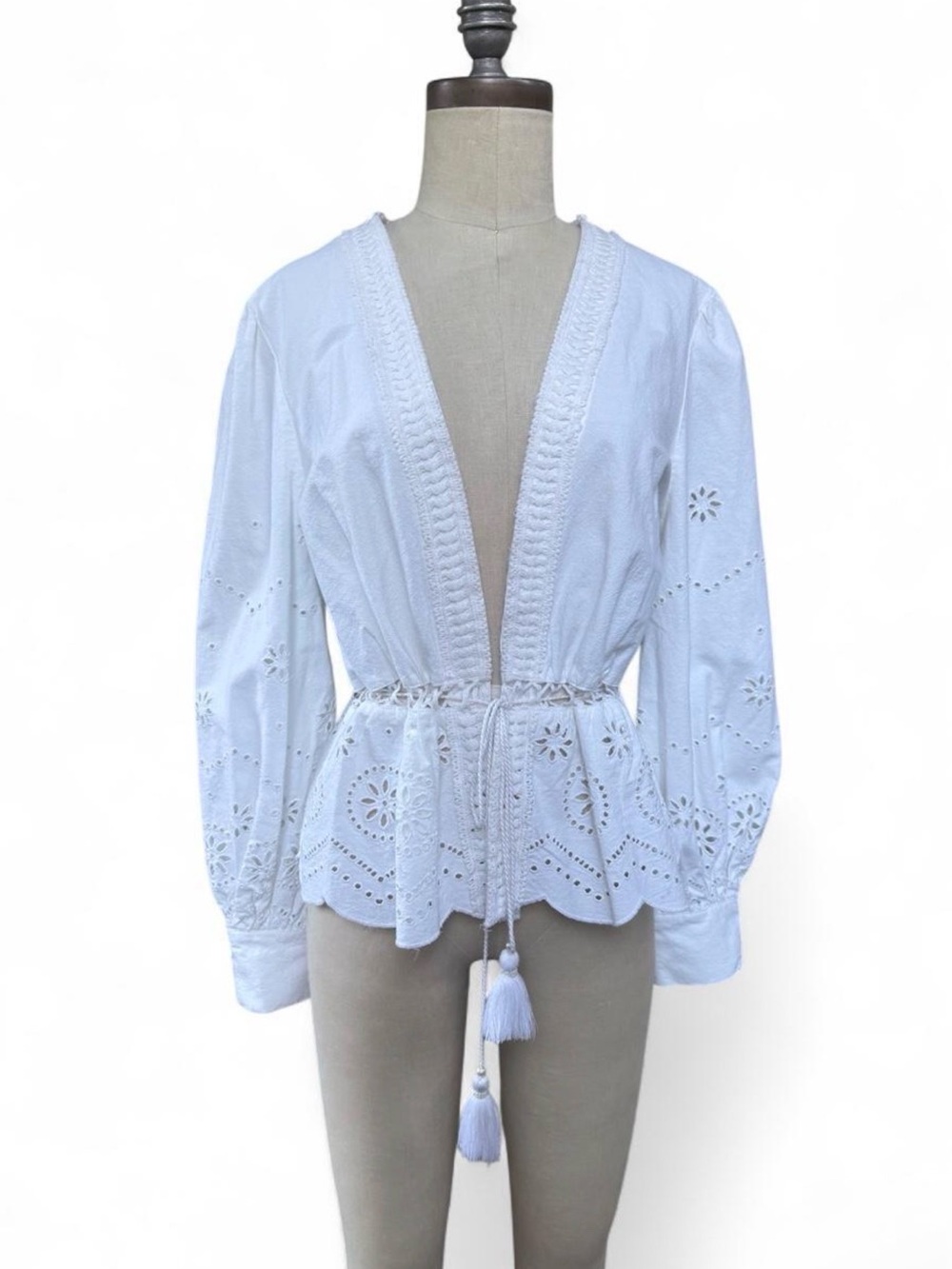 INC White Cotton Eyelet Lace Blouse Top M Boho Tie Front Tassel Bell Sleeve